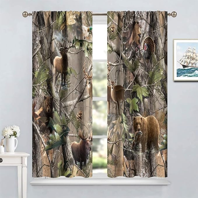 Retro Forest Window Curtains, Camouflage Hunting Tree Camo Rustic Deer Elk Bird Bear Blackout Rod Pocket Windows Door Curtain for Bedroom Living Room Home Decor 63x72in