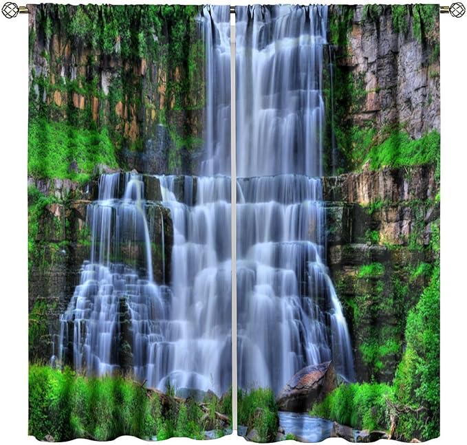 Nature Scenery Waterfall Blackout Curtains, Forest Waterfall Landscape Green Jungle Stone Falls Print Pattern Rod Pocket Window Drapes, for Bedroom Living Room 63" W X 63" L