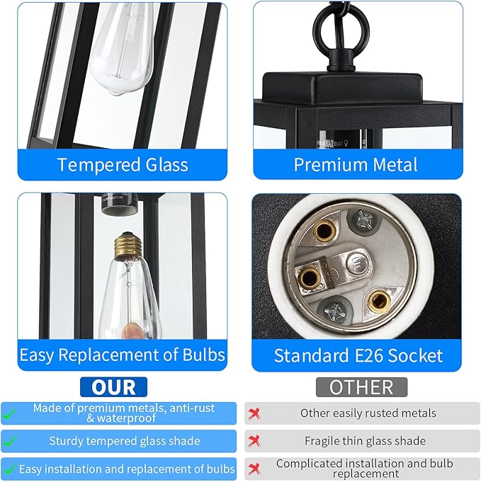 11'' Outdoor Pendant Light, Modern Outside Chandelier Outdoor Hanging Lantern