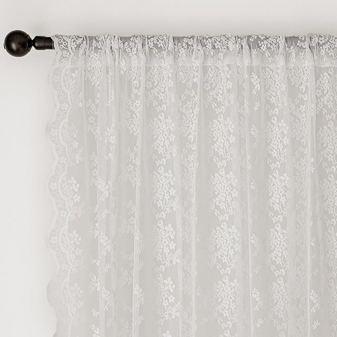 Anmao Vintage White Lace Curtains 80 Inches Long 2 Panels Set, Romantic Elegant Light Filtering Semi Sheer Floral Thick Lacy Curtain Drapes for Living Room and Bedroom, Each Panel 55W x 80L, Off White