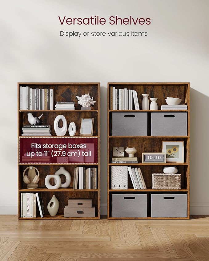 VASAGLE Custos Collection - Bookshelf, 5-Tier Bookcase, Book Shelf, Open Storage Shelf, 9.4 x 30 x 52.8 Inches, for Living Room, Home Office, Dinning Room, Rustic Brown ULBC175X01