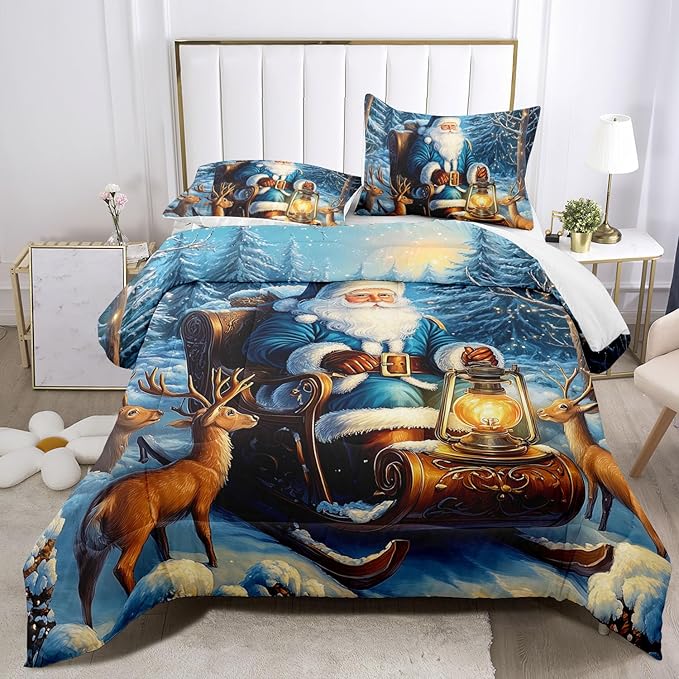 Raphus cucullatus Christmas Bedding King,Christmas Comforter Set,Santa Claus Decor Holiday Bedding Winter Quilt,Santa Claus Comforter Set,Snowflake Navidad Quilt Set,Cute Reindeer Quilt