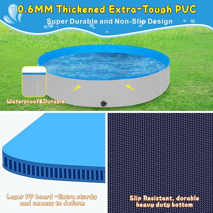 Extra Large Foldable Dog Pools for Large Dogs Heavy Duty,97"x16" Anti-Slip Portable Swimming Pool,Hard Plastic Kiddie Pool for Pets Dogs Cats & Kids