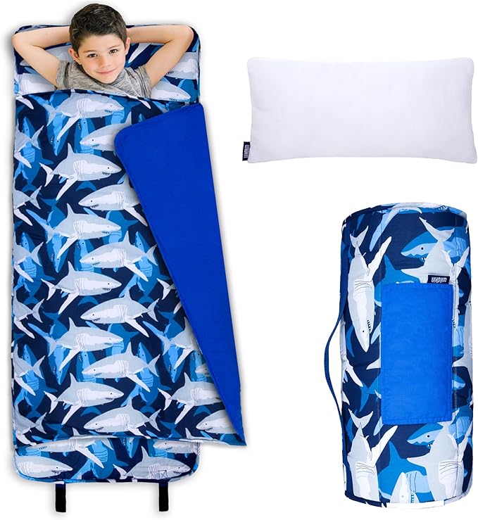 Wildkin Kids Original Nap Mat – Cozy Kids Sleep Mat with Pillow, Ideal for School & Travel - Sharks