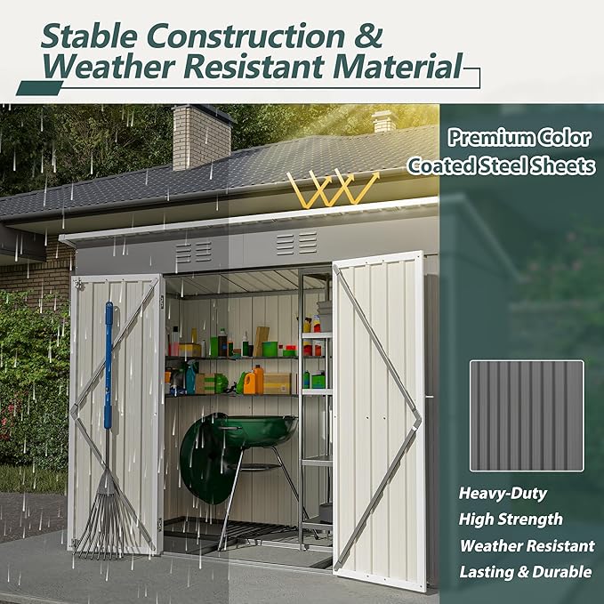 8x4 FT Outdoor Storage Metal Shed with Air Vents Sloping Roof Double Lockable Doors Waterproof Tool Galvanized Ideal for Backyard Patio Lawn Gray Shed Storage