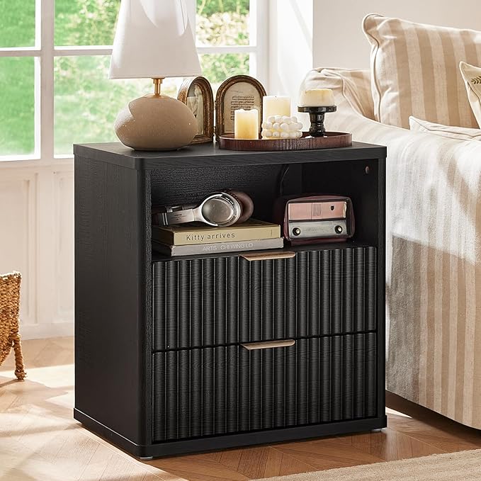 LEYAOYAO Fluted Farmhouse Nightstand Set of 2 with Charging Station, 23" Wide 2 Drawers End Table,Black Dresser for Bedroom,Bed Side Table Chest of Drawers Cabinet,Wood Night Stand for Living Room