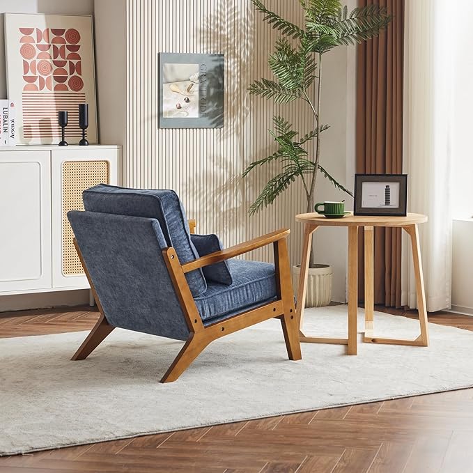 Karl home Accent Chair Wide Armrest Mid-Century Lounge Chair Chenille Armchair with Lumbar Pillow & Solid Wood Frame for Living Room, Bedroom, Balcony, Dusty-Blue