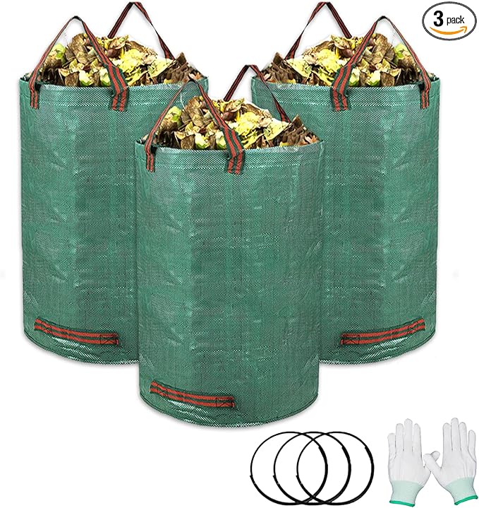 3-Pack 32 Gallon Garden Waste Bag Leaf Bags Reusable Heavy Duty Waste Bags Perfect for Garden, Lawn, Leaf/Leaves, Yard Debris Storage and Garden Accessories