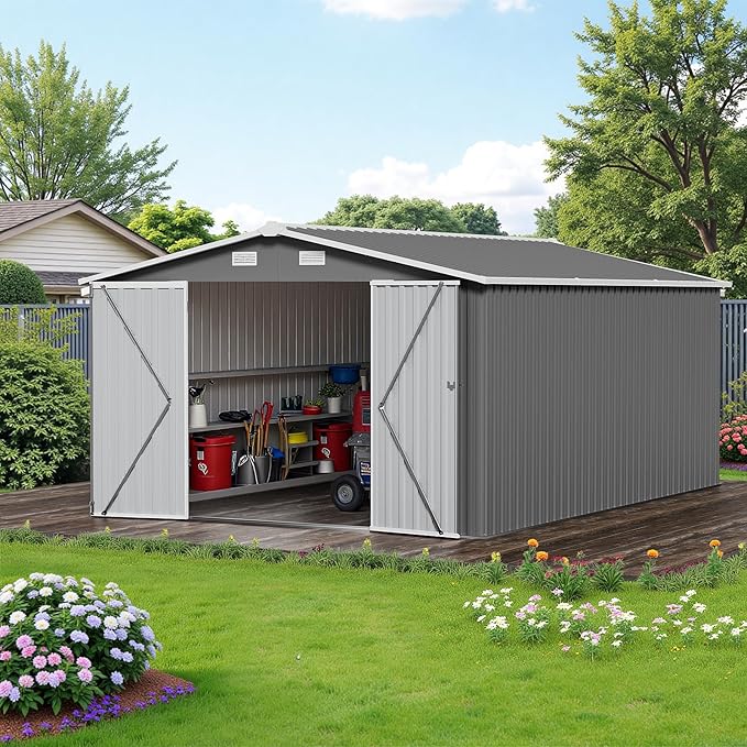 10×14 FT Outdoor Storage Shed, Dark Grey Workshop Shed with 3 Lockable Doors & 4 Vents for Backyard, Patio, Lawn, Garden Tool & Lawn Mower Storage - Ideal for Homeowners, Gardeners & DIYers