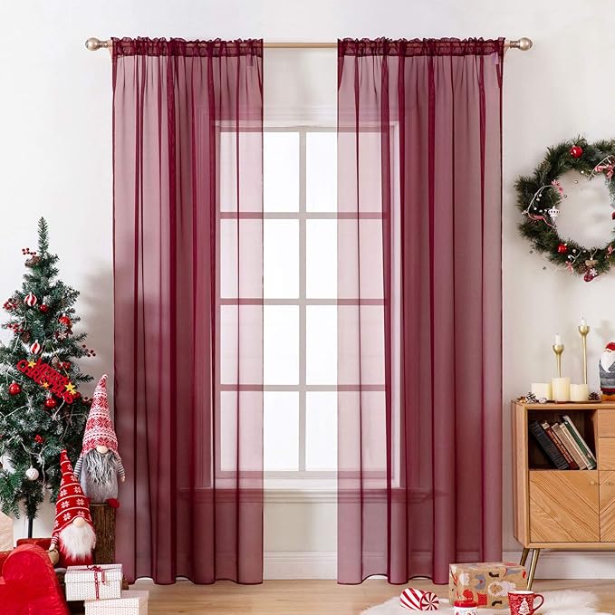 MIULEE 2 Panels Solid Color Sheer Christmas Window Curtains Elegant Window Voile Panels/Drapes/Treatment for Bedroom Living Room (54X108 Inches Wine Red)