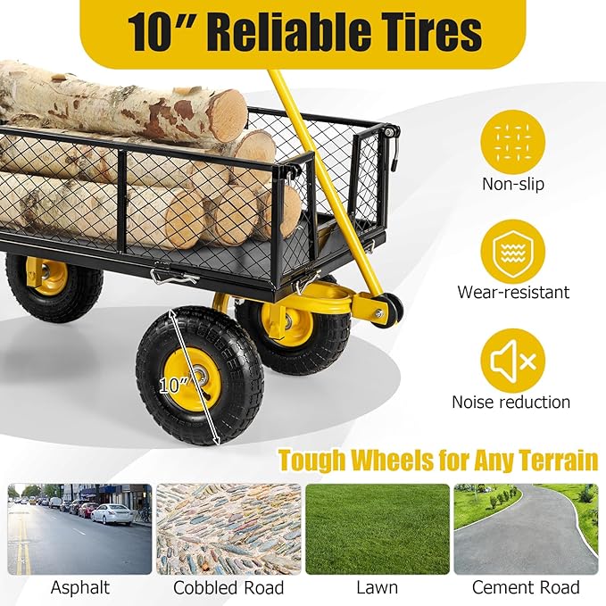 Utility Garden Cart, 900 lbs Capacity Heavy Duty Wagon Cart with Rotating Handle, Removable Sides & 10" Wheels, Metal Utility Cart for Outdoor Hauling & Gardening