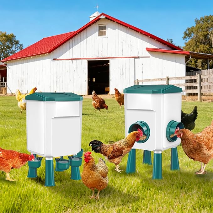 Chicken Feeder and Waterer Set with 2 Gallon/17.6 Pounds, Automatic Chick Feeder and Waterer Set No Waste， Poultry Feeder Large for Hens/Ducks/Poultry