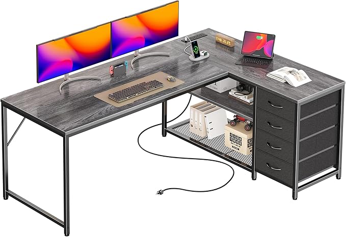 PRAISUN 61" L Shaped Desk with Power Outlets and USB-C Port, Reversible Computer Corner Office Desk with 4 Fabric Drawers and 2 Height-Adjustable Shelves, Large for Gaming Writing Work Study, Grey