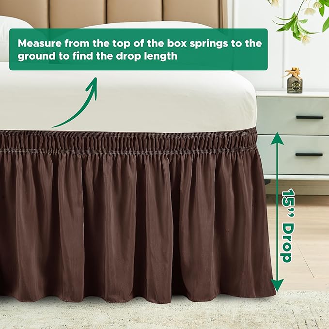 Biscaynebay Wrap Around Bed Skirts for King & Cal King Beds 15" Drop, Brown Adjustable Elastic Dust Ruffles Easy Fit Wrinkle & Fade Resistant Silky Luxurious Fabric Machine Washable