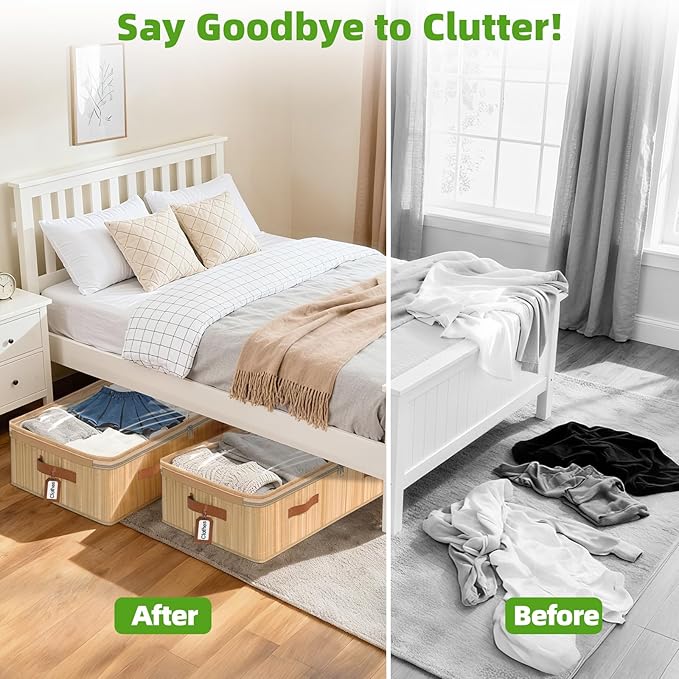 Livole Bamboo Under Bed Storage, 6 inches Underbed Storage Containers, 56L XXL Under Bed Storage Bins with Clear Lid & Label for Clothes, Blankets, Sweater, Shoes, 1 Pack