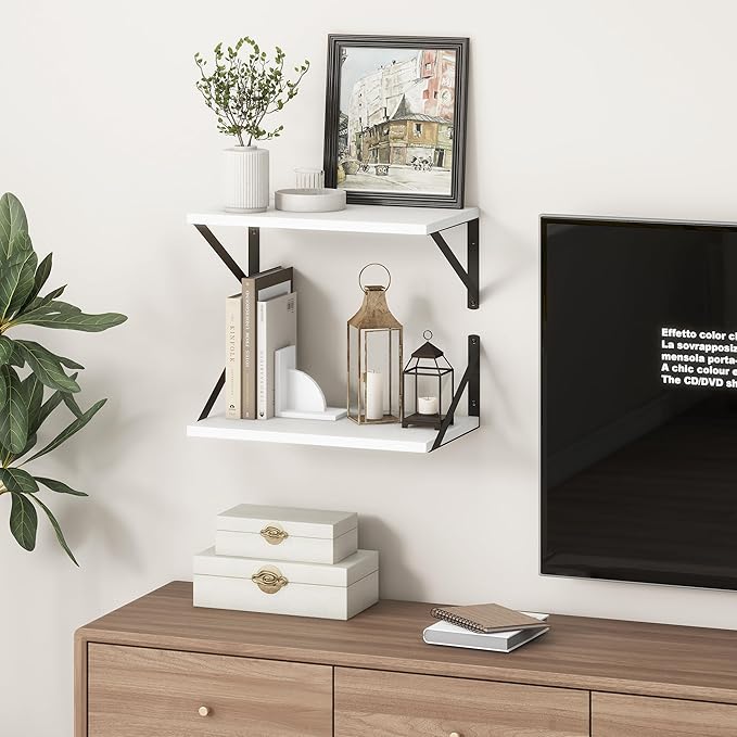 Fun Memories 10 Inch Deep Floating Shelves, White Floating Shelf 16 Inch Long, 16" W x 10" D Wall Shelves Set of 2, Deep Shelves for Books, Wide Floating Shelves for Bahtoom, Living Room, Kitchen