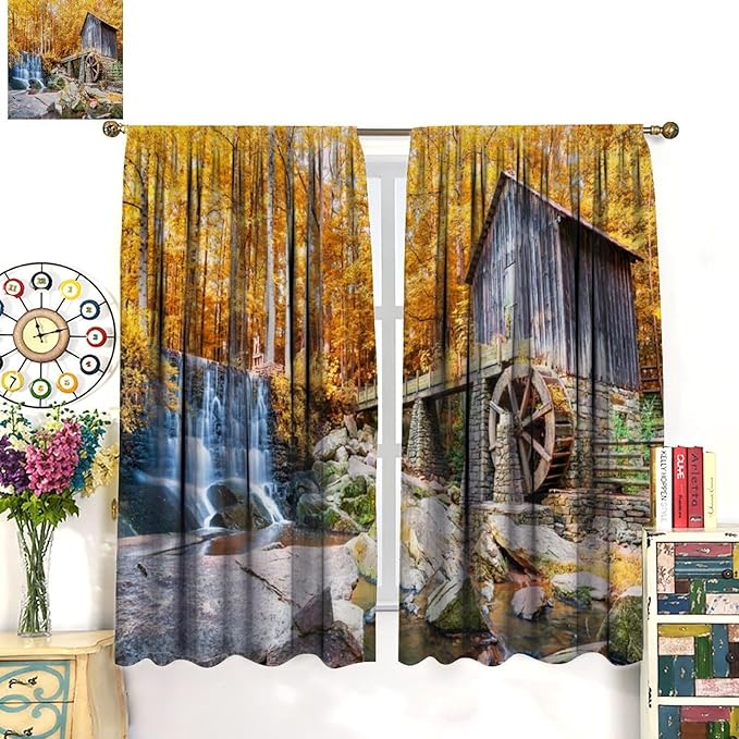 Autumn Waterfall Blackout Curtains, Landscape Fall Waterfall Outdoor Nature Art Window Drapes, for Bedroom Living Room 52" W X 84" L