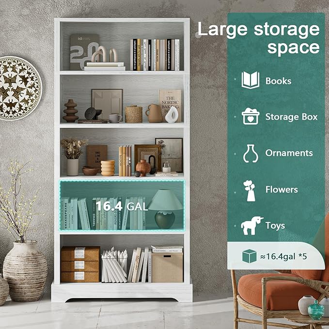 TVU 5-Shelf Wood Bookcase, 65 Inch Tall Bookshelf with Storage, Floor Standing Display Book Shelf，for Living Room Bedroom Study Office，Antique White