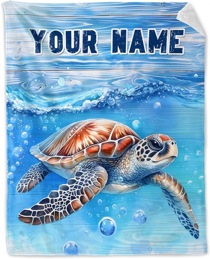 Custom Turtle Gifts for Women - 60" x 80" Inches Cute Throw Blanket for Adults, Teens - Blue Cozy Furry Blankets for Sofa, Bed & Living Room