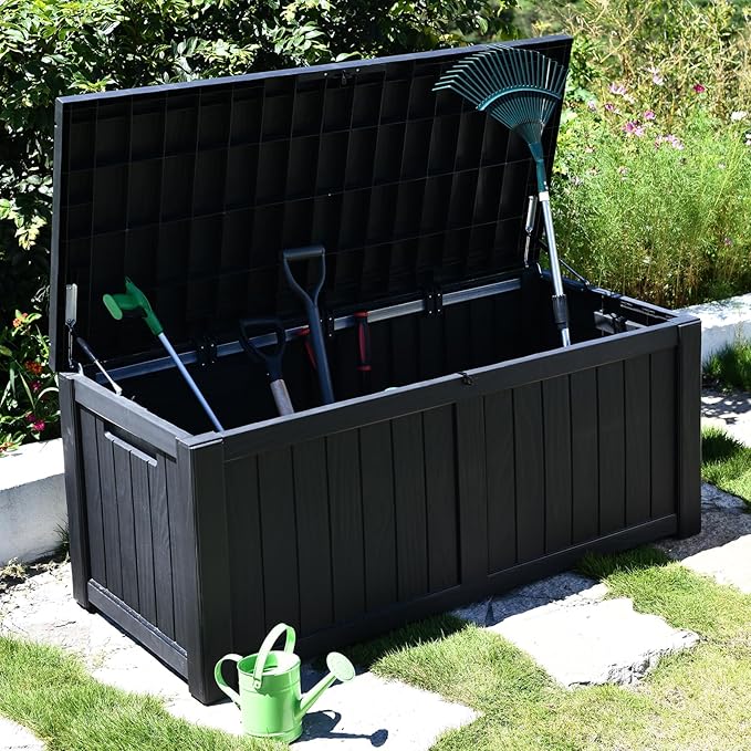 Modern-Depo 120 Gallon PP Deck Box Waterproof Outdoor Storage Box with Lockable Lid, Bench Organization Container for Patio Furniture Cushions, Garden Tools, Pool Supplies, Black
