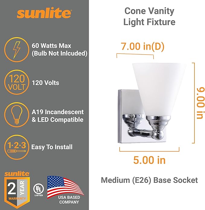Sunlite Cone Shade Vanity Light Fixture, Wall Mount, Medium Socket, Standard