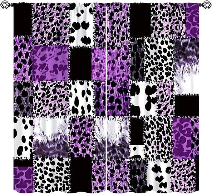 Brown Leopard Curtain, Purple Patchwork Cheetah Panthera Zebra Giraffe Print Safari Wildlife African Wild Animal Skin Window Curtains for Living Room Bedroom 63" W X 63" L