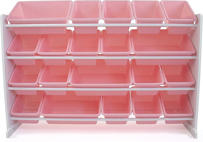 Humble Crew Extra-Large Toy Organizer with 20 Plastic Bins – Pink/White Storage Rack with 4-Tier Shelves, Anti-Tip Safety, for Kids’ Rooms, Playrooms, Nurseries & Classrooms