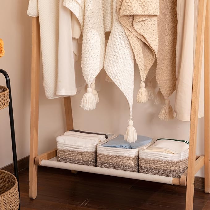 3 Pack Small Storage Baskets for Organizing, Cute Woven Decorative Gift Baskets for Shelves, Mini Closet Organizer Bins with Handles, 11.81''Lx7.87''Wx4.72''H-Brown White