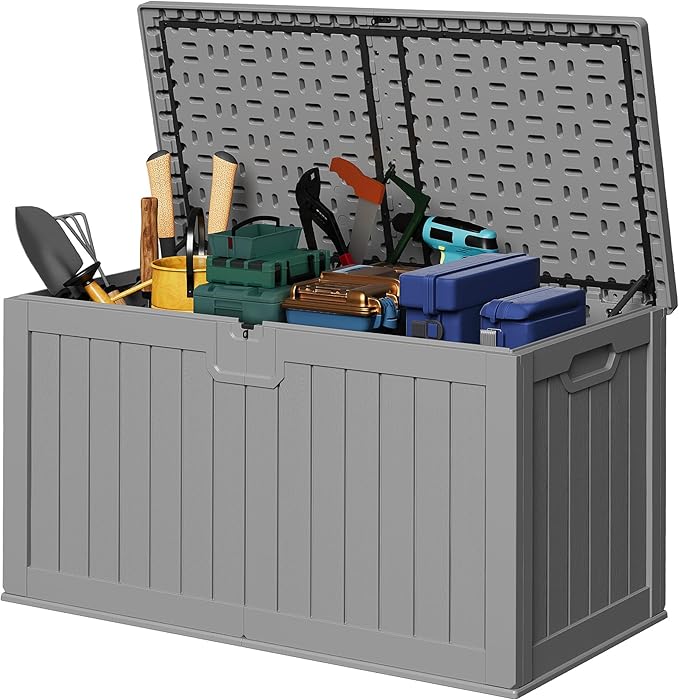 Devoko 240 Gallon Double-Wall Deck Box with Divider, Side Handles, Resin Outdoor Large Storage Box Waterproof and Lockable for Patio Furniture, Garden, Pool (Grey)