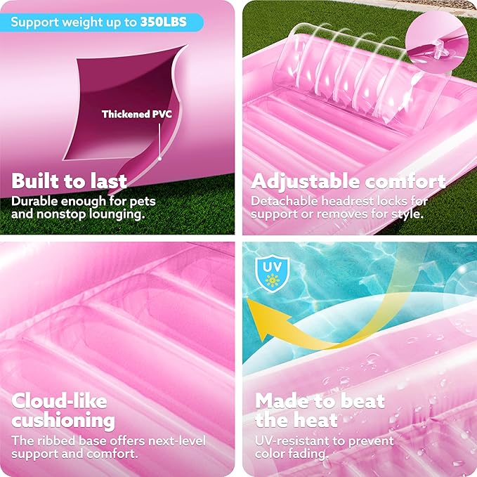 SLOOSH Inflatable Tanning Pool Lounger Float, 85" x 57" Extra Large Pool Floats Adult with Pillow, 4 in 1 Suntan Tub Raft Floatie,Sunbathing Bed Lounge for Water Blow Up Ball Pit Party Gifts, XL-Pink