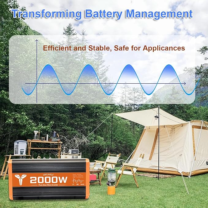 2000 watt Pure sine Wave car Inverter 12V DC to 120V AC, 4000W Surge Peak Power, Inverter for RV, Truck, Solar, Campers with 2 AC Outlet, Remote Control Compatible with Lithium Battery