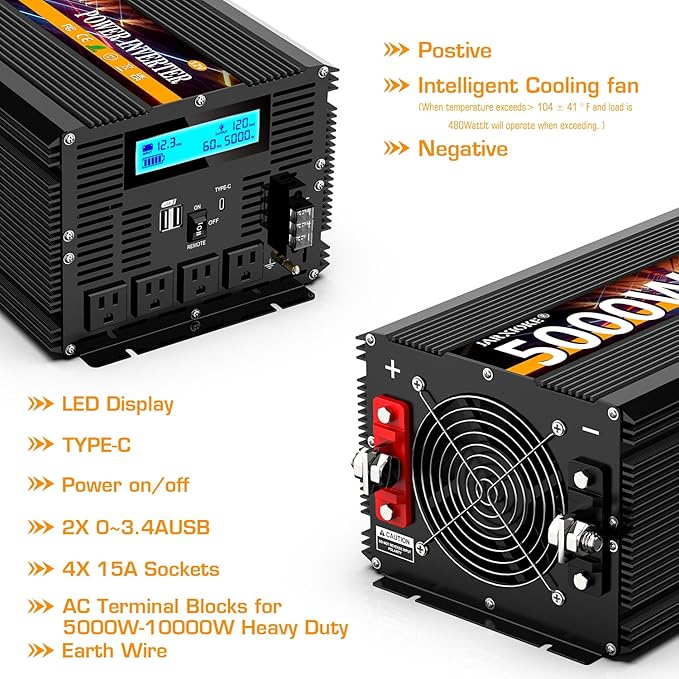 5000 Watt Power Inverter 12V DC to 110V 120V Converter for Family RV Off Grid Solar System Car with Type-C Ports 3 AC Power Outlets Dual USB Ports LCD Display Wireless Remote Control
