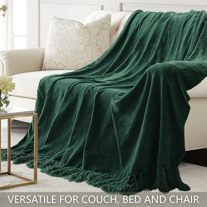 Chenille Throw Blanket for Couch 50"X 60", Soft Cozy Throws with Fringe Tassel for Bed Sofa Chair Cover, Lightweight Knitted Decorative Boho Blankets for Living Room, Dark Green