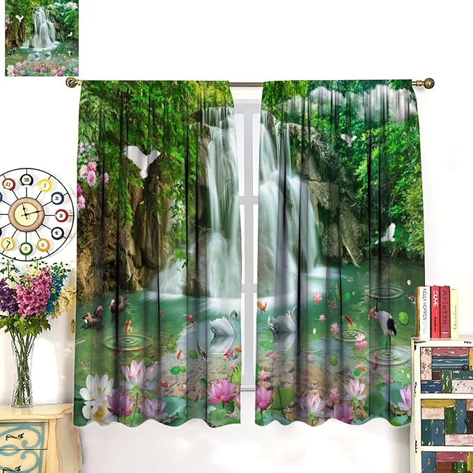 Scenery Waterfall Blackout Curtains, China Country Landscapes Nature Pattern Window Drapes, for Bedroom Living Room 55" W X 63" L