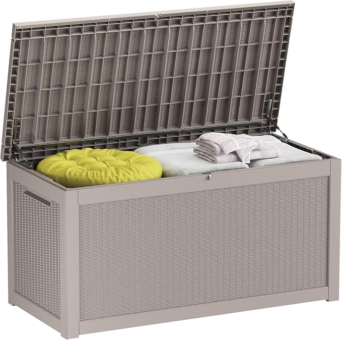 320GAL Brown High - End Wicker - Textured Outdoor Deck Box with Lock Hole - Waterproof, SGS - Certified UV Protection, Exquisite Storage for Luxury Patio Decor and Premium Outdoor Cushions