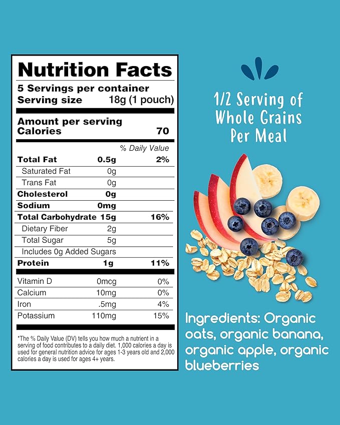 Amara Organic Baby Food | Oats and Berries | Baby Cereal to Mix With Breastmilk, Water, or Baby Formula | Baby Food Pouches, Made from Organic Fruit and Veggies | Stage 2 | 10 Pouches