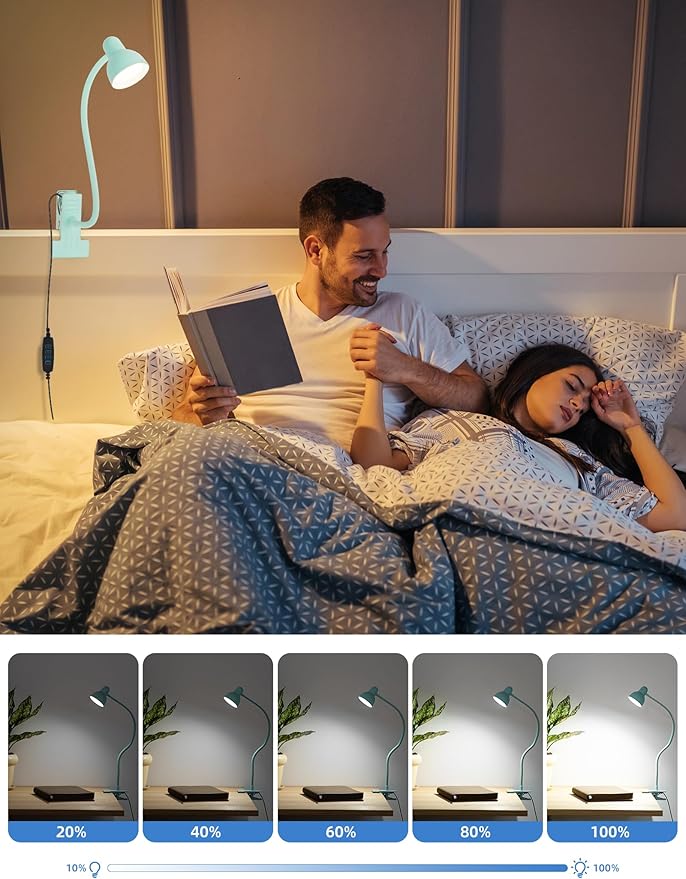Clip on Reading Light for Bed 3 Color Modes, 10 Brightness Dimmable, Flexible