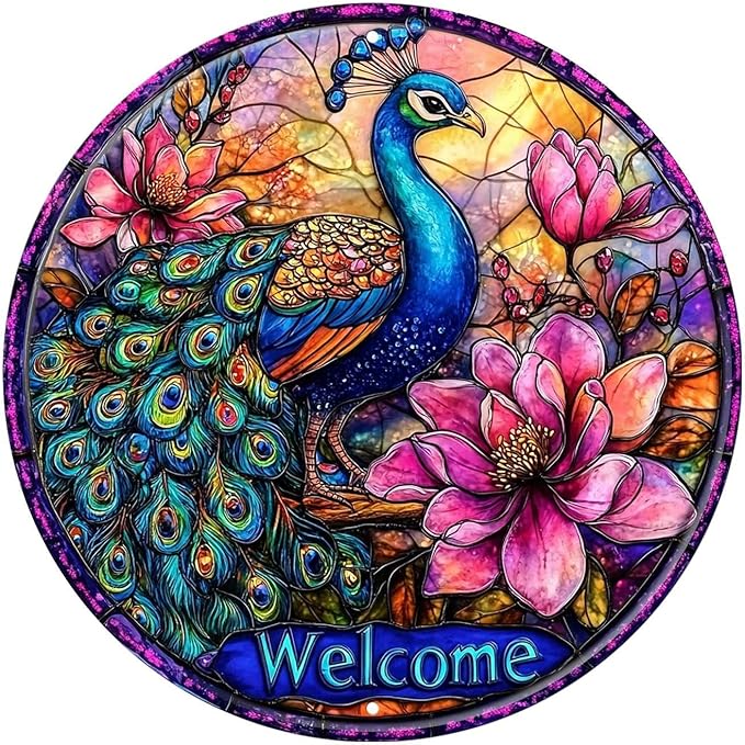 Peacock Round Metal Tin Sign Wreath Welcome Wreath Vintage Wall Art Decor for Home Garden Bar Decor 12x12inch