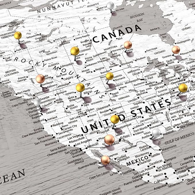 ElephantStock - Let's Travel II Push Pin World Map Wall Art - Horizontal Canvas Wall Art - Living Room Wall Decor - Digital Art Map Canvas Art - Gray And White Decor - 48" x 32"