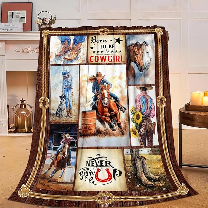 Cowgirl Racing Blanket Western Cowboy Throw Blanket Super Soft Flannel Lightweight Fluffy Plush Fuzzy Fleece Horse Blanket Gifts for Girls Woman Kids Prayer for Bed Sofa Bedding 40"X50"