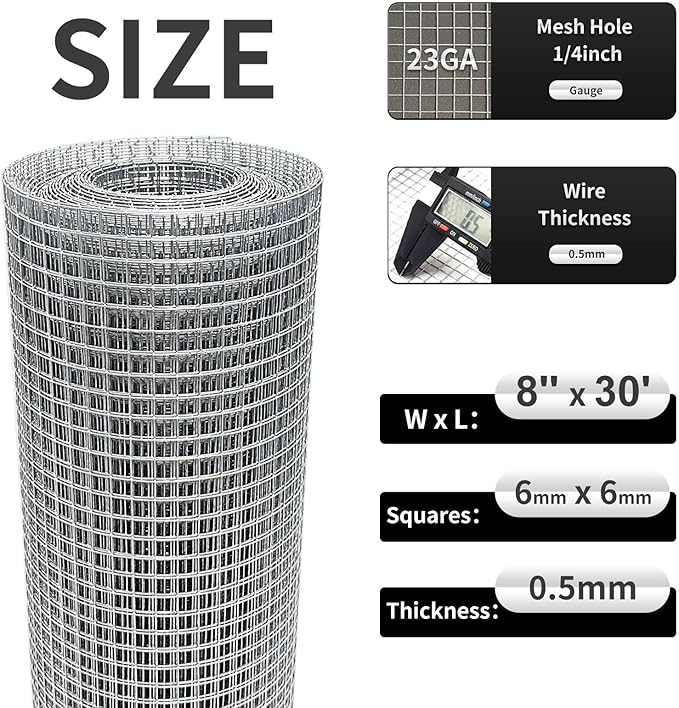 Hardware Cloth 8'' x 30' 1/4 in Galvanized Wire Mesh Roll (23 GA) Chicken Wire Fence Roll for Chicken Pen/coop Fences, Screen mesh, Rabbit/Snake Fences, Poultry enclosures, Handicraft Making, etc.
