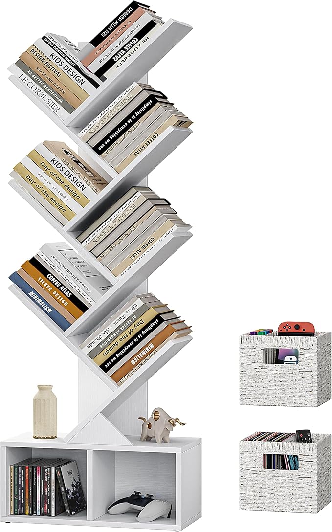 Vagusicc Tree Bookshelf, 6 Tier Bookshelf with Storage, Tall Narrow Bookcase, Rustic Wood Book Storage Rack for CDs/Books, Small Book Organizer Shelves for Bedroom, Living Room, Home Office, White