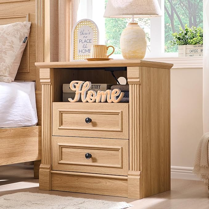 26" Tall 2 Drawers Dresser for Bedroom, Farmhouse 23.6" Wide Large Nightstand with Charging Station, Wood Rustic Side Table w/Roman Column, End Table for Bedroom, Living Room, Natrual