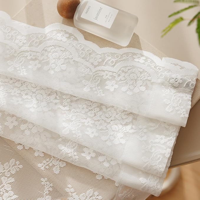 Anmao Vintage Lace Valance Kitchen Curtains 18 Inches Long 2 Panels, Semi Sheer Floral Over Sink Lacy Cafe Curtain, Elegant Window Short Small Drapes, 55W x 18L, White Plum