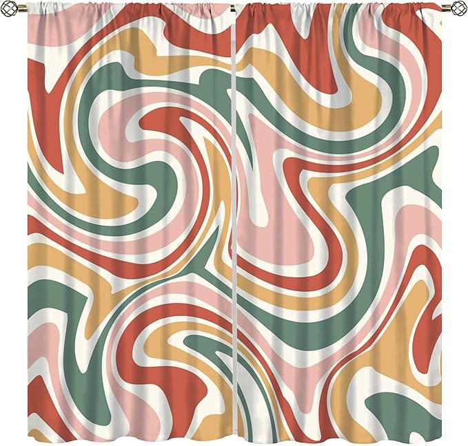 70S Abstract Wavy Swirl Curtain for Bedroom Windows,Retro Boho Minimal Teen Girls Kids Living Room Restroom Window Treatments Drapes 42"" W X 63"" L, Style-4