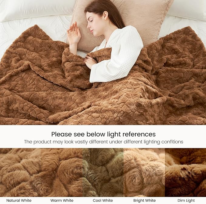 Cozy Bliss Faux Fur Throw Blanket for Couch, Fuzzy Soft Plush Thick Warm Fluffy Reversible Wave Textured Blanket for Sofa Bedroom Living Room, 55 * 70 Inches Brown