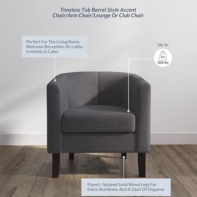 BELLEZE Living Room Chairs Set of 2, Linen Round Accent Barrel Chairs, Club Tub Sofa Chairs for Bedroom, Corner Chairs with Flared Legs and Cozy Soft Padding - Highland (Gray)