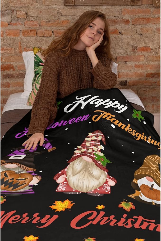 Thuswarm Happy Halloween Thanksgiving Christmas Flannel Throw Blanket Soft Warm Gnomes Print Blankets for Bed Couch Sofa Room Decoration Gifts 50”×40” Small for Kid