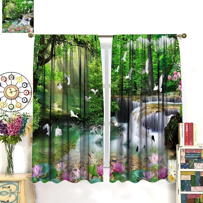 Nature Blackout Curtain, Waterfall Landscape Forest Swan Fish Pattern Rod Pocket Window Drapes, for Bedroom Living Room 52" W X 84" L