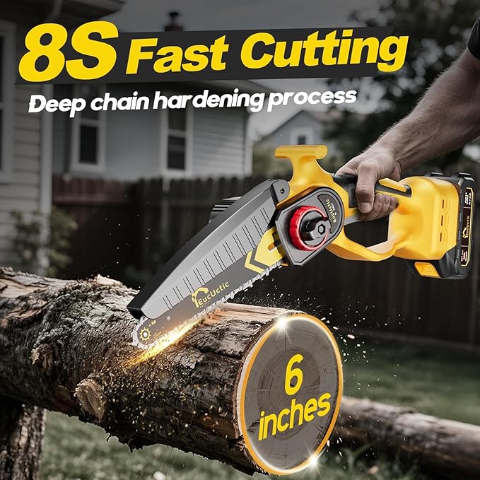 Mini Chainsaw Cordless 6-Inch, 21V Small Chainsaw with 2 Battery Handheld Electric Chain saw–Lightweight&Safe for Wood Cutting, Tree Trimming, Home, Garden, DIY, Best Gifts for Dad, Women (yellow)